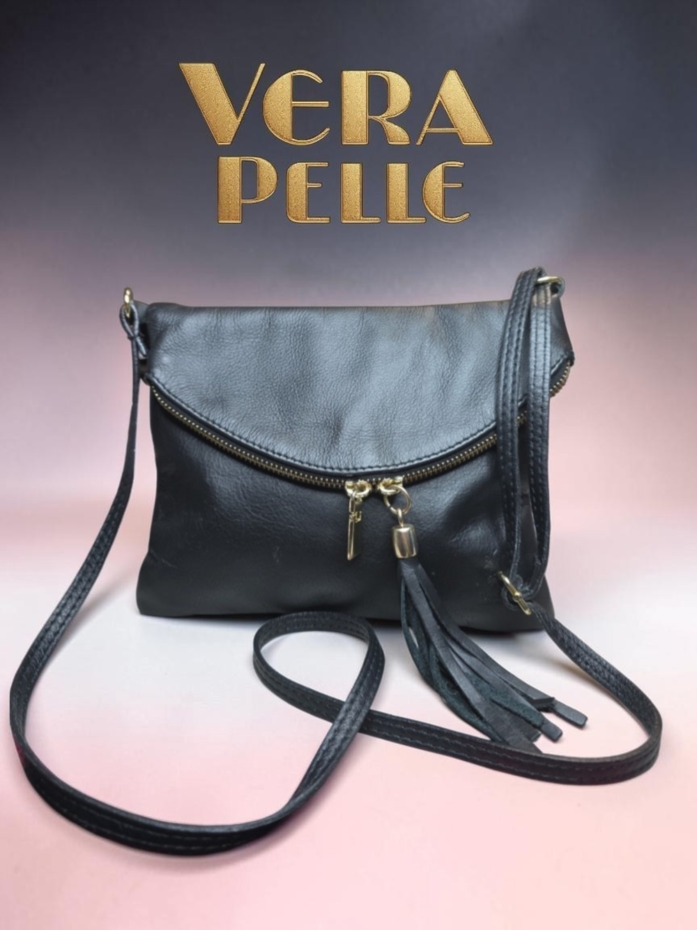 Vera Pelle Black Leather Crossbody with Tassel EUC